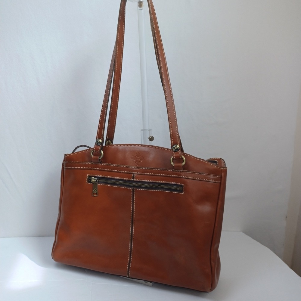 Patricia Nash Cognac Leather Tote Bag‎ Front Zip Contrast Stitching Brown - Picture 3 of 16